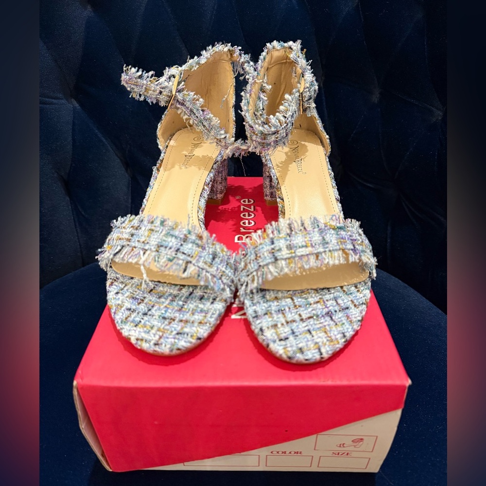 Nature Breeze Single Band Ankle Strap Frayed Tweed Chunky Block Low Heel Sandal